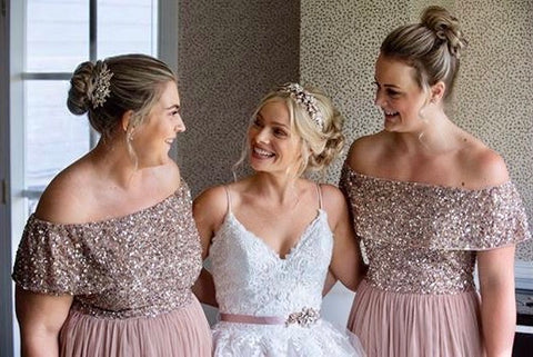 Jasmine and her Bridesmaids smiling on her wedding day featuring the bridal belt and cutom headband