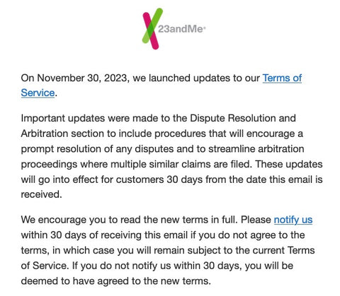 23andMe binding arbitration email