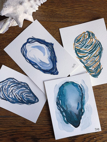 four original watercolor paintings of oyster shells