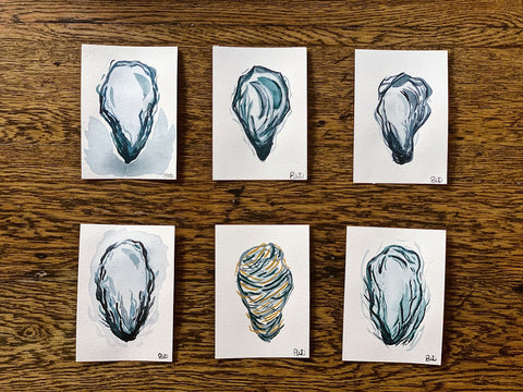 six oyster shell original watercolor paintings