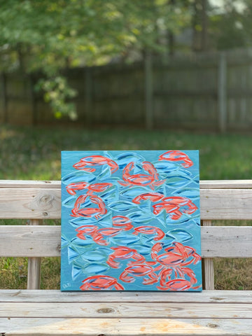 large acrylic painting of fish and crabs on canvas