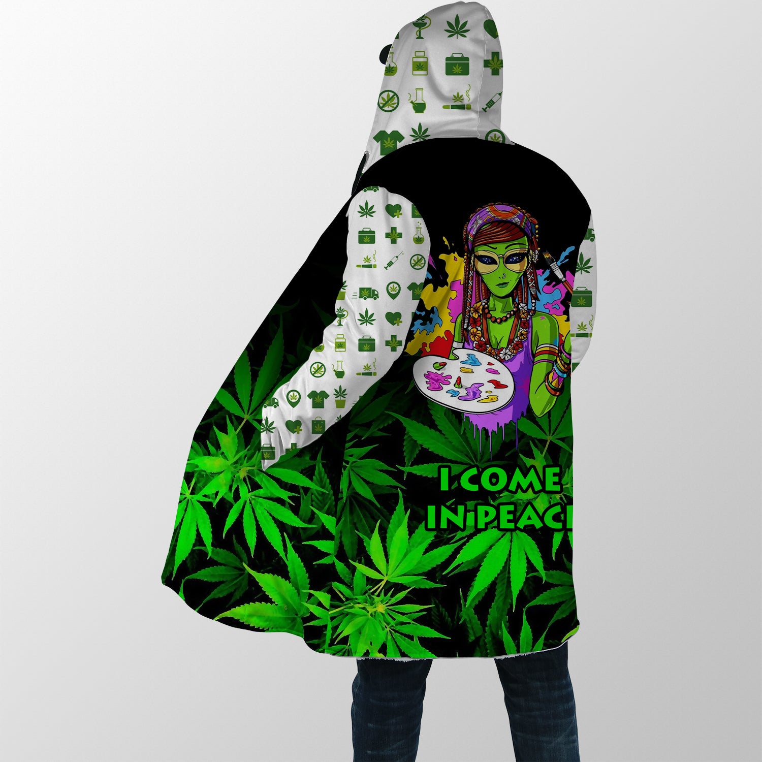 I Come In Peace Quote In Cannabis Background 2 Hippie Hooded Coat Dio Store