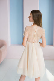 Dress for rent - Elegant beige A-line girl dress with floral embroidery