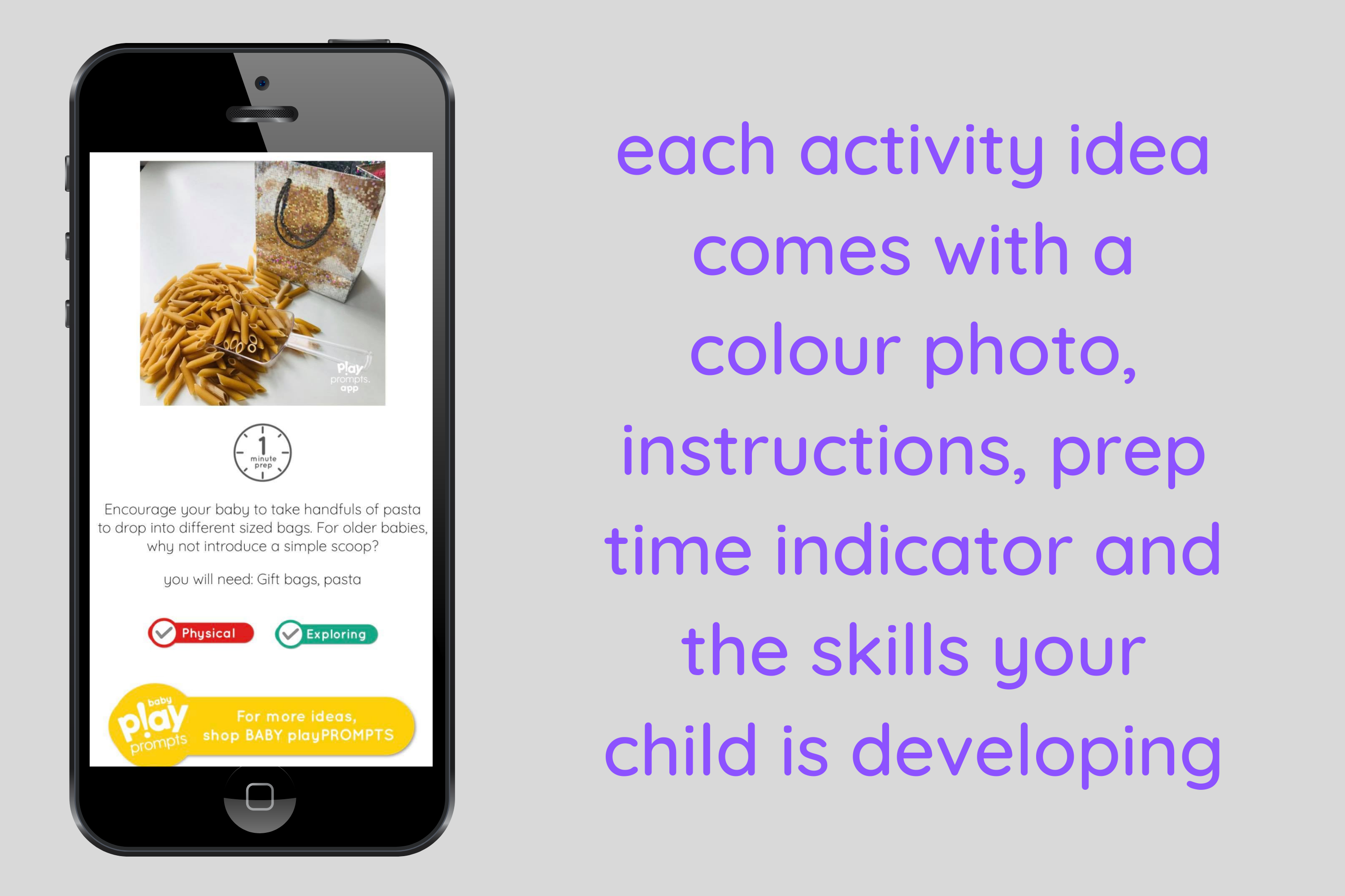 activity ideas come with a colour photo, instructions, prep time indicator and the skills your child is developing | playPROMPTS app | playHOORAY!