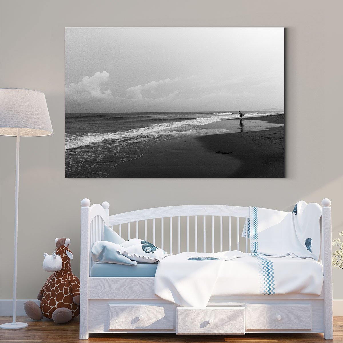 Black And White Paintings Of People Catch The Sea Stretched Canvas 321