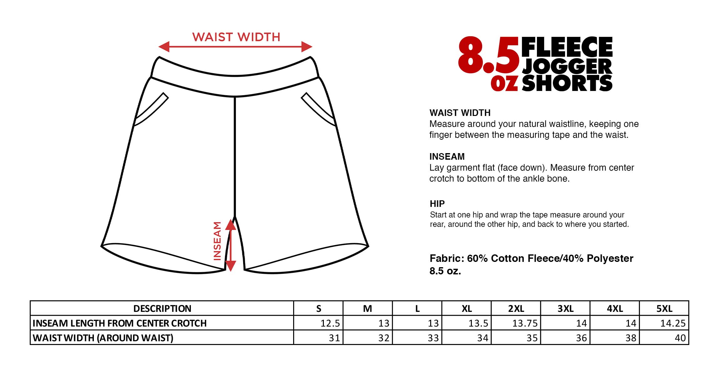 Size Chart - Fleece Jogger Shorts – Shakawear.com