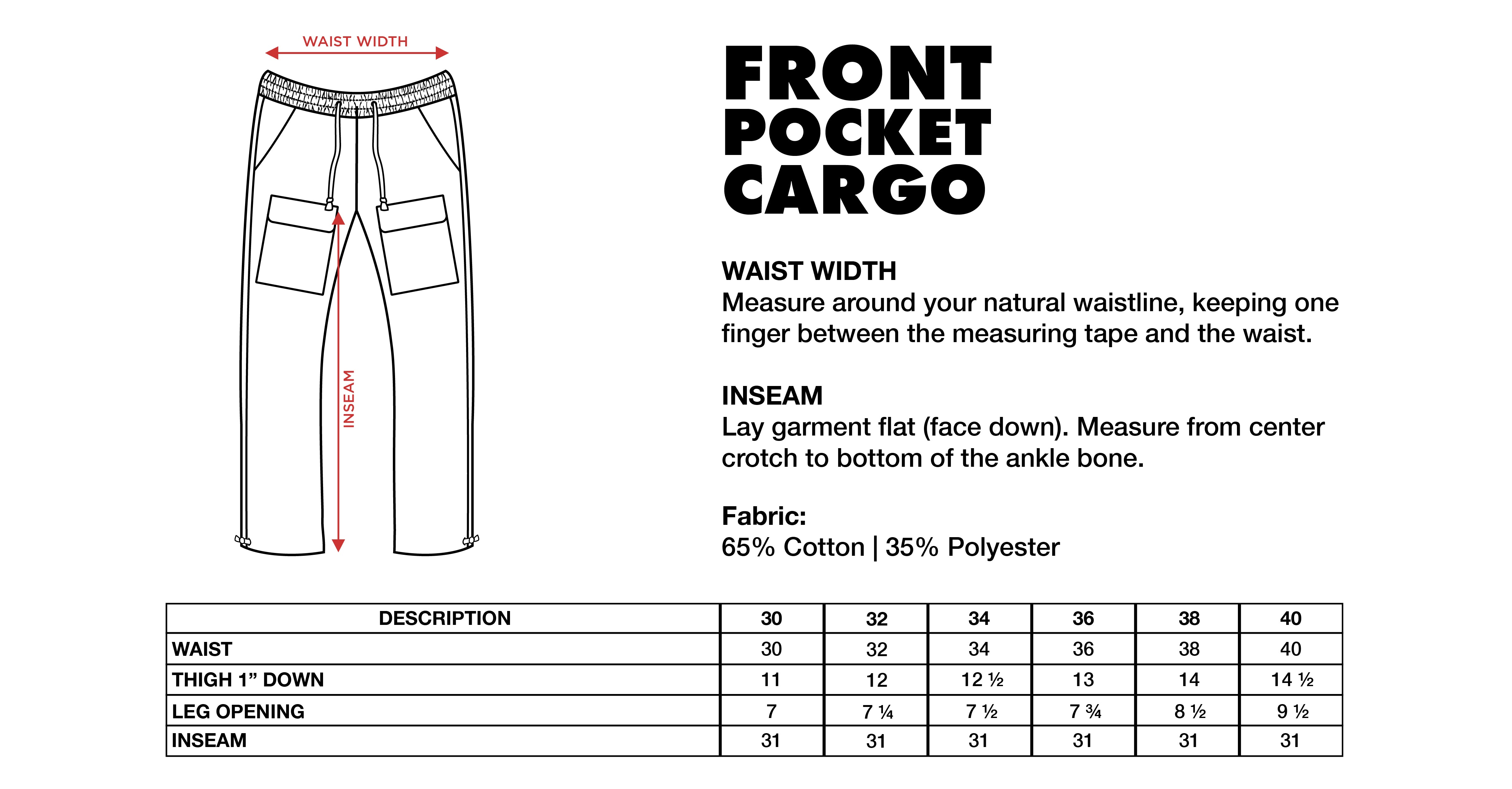 Size Chart - Front Pocket Cargo Pants –