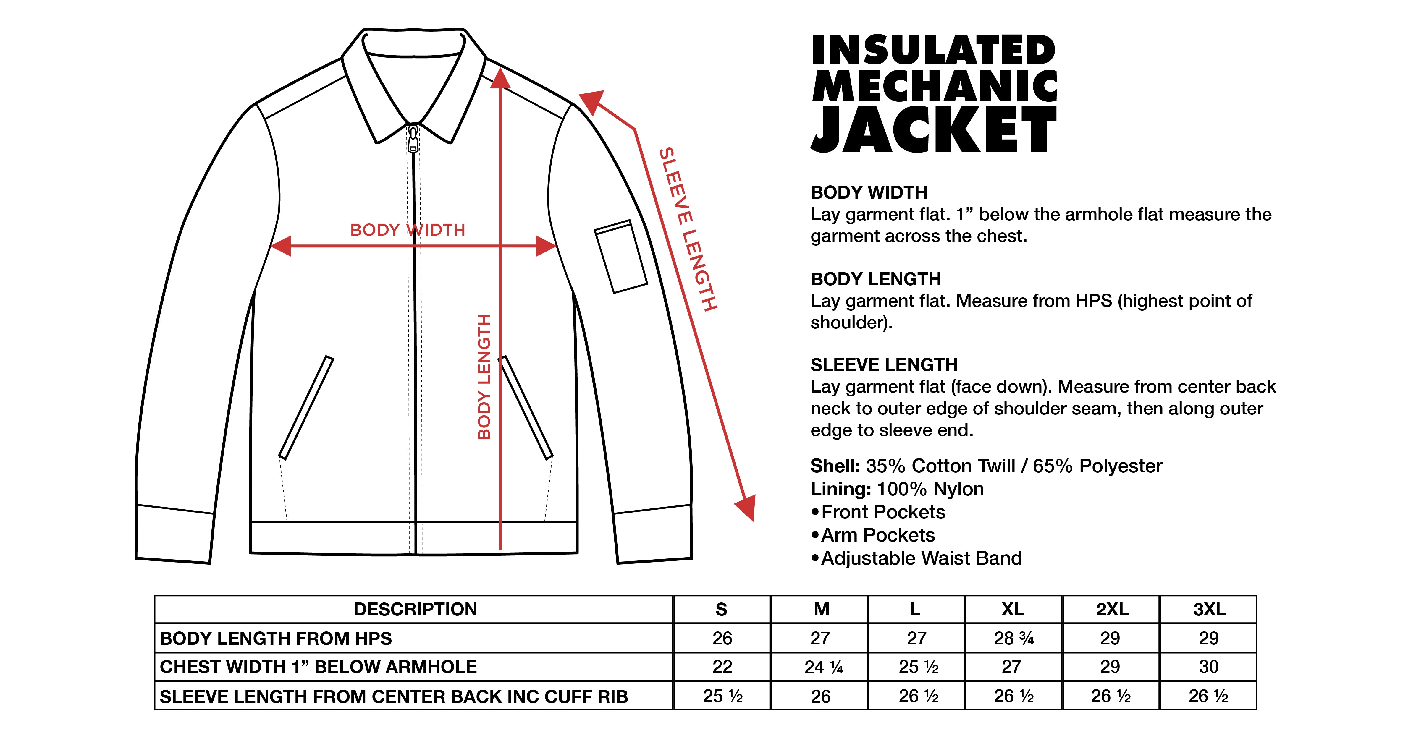 Size Chart - Mechanic Jacket –