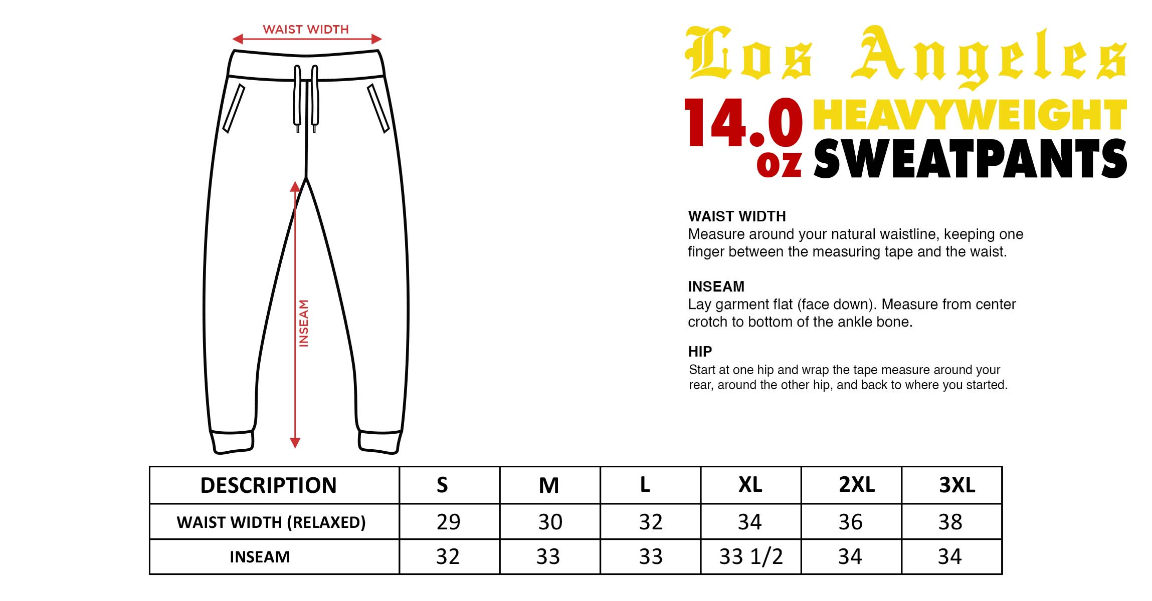 Size Chart - Los Angeles Heavyweight Sweatpants –