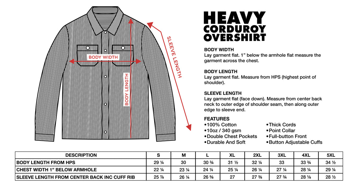 Size Chart - Heavy Corduroy Overshirt – Shakawear.com