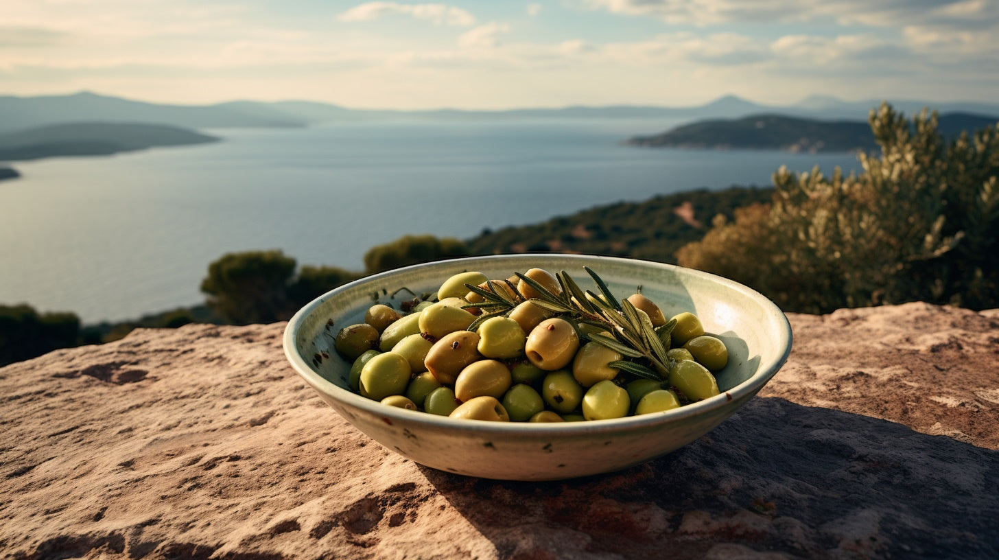 Bowl of ripe olives set against the stunning Croatian coastline, celebrating Selo's origins.