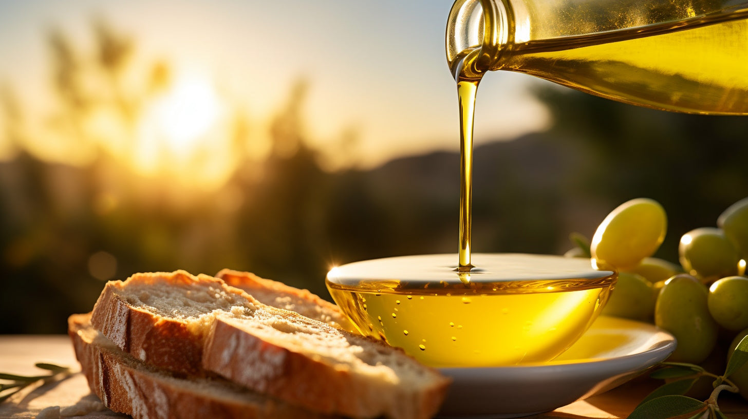 Selo Croatian olive oil drizzled into a bowl beside bread, under the soft glow of sunset.