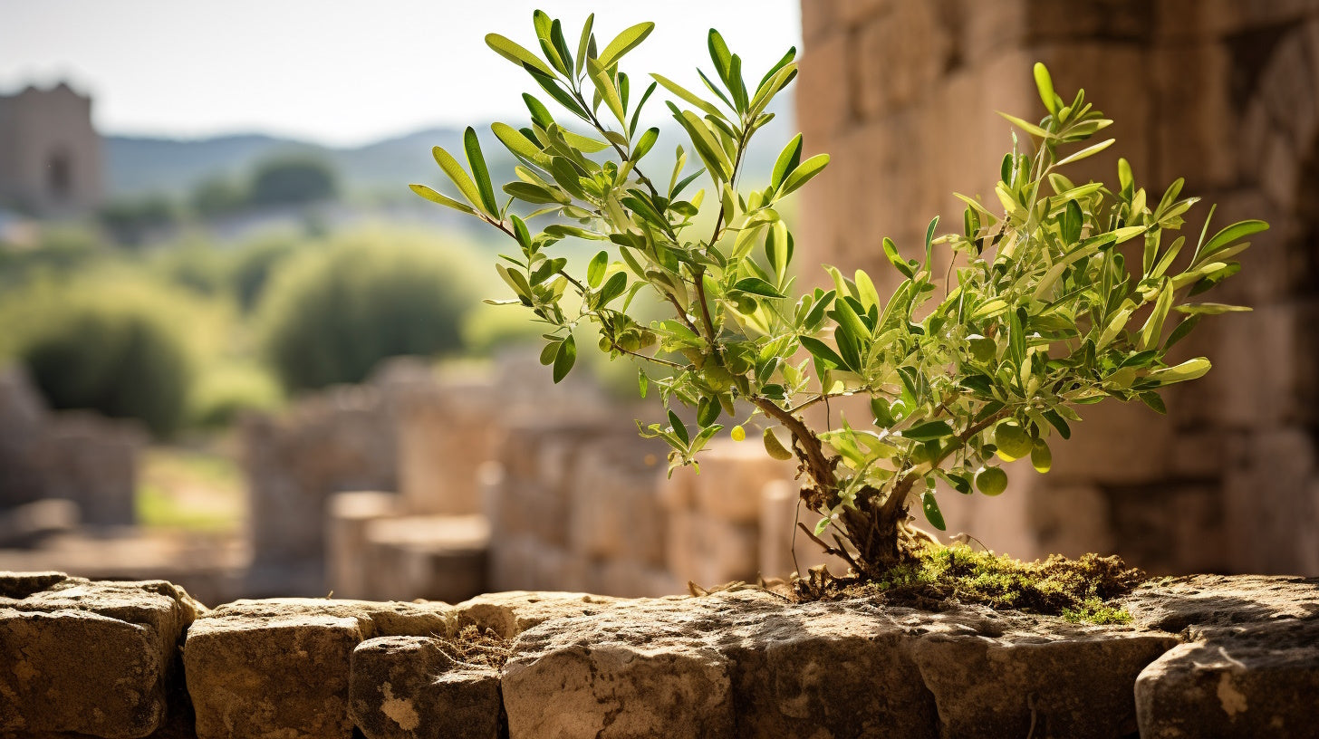 Resilient olive sapling emerging from the ruins of a Roman structure, blending history and nature.