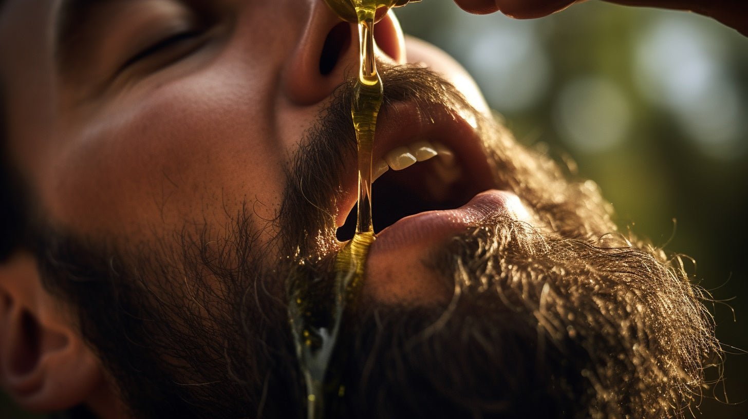 A man with a full beard is shown holding a bottle of beard oil. However, instead of properly applying the oil, he is pouring a large amount directly onto his beard, causing it to drip and creating a mess.