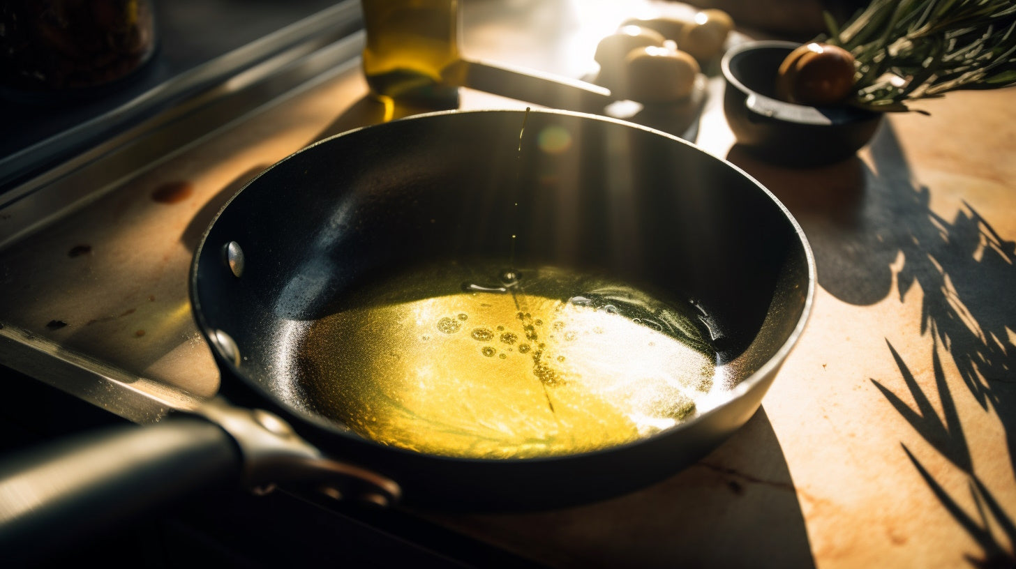 Cast iron pan with sizzling hot olive oil, ready for cooking or frying.