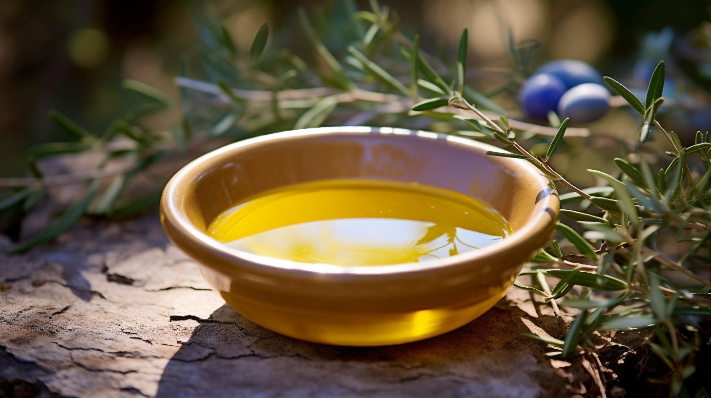 Bowl of olive oil resting on a stone wall amidst a serene orchard setting.