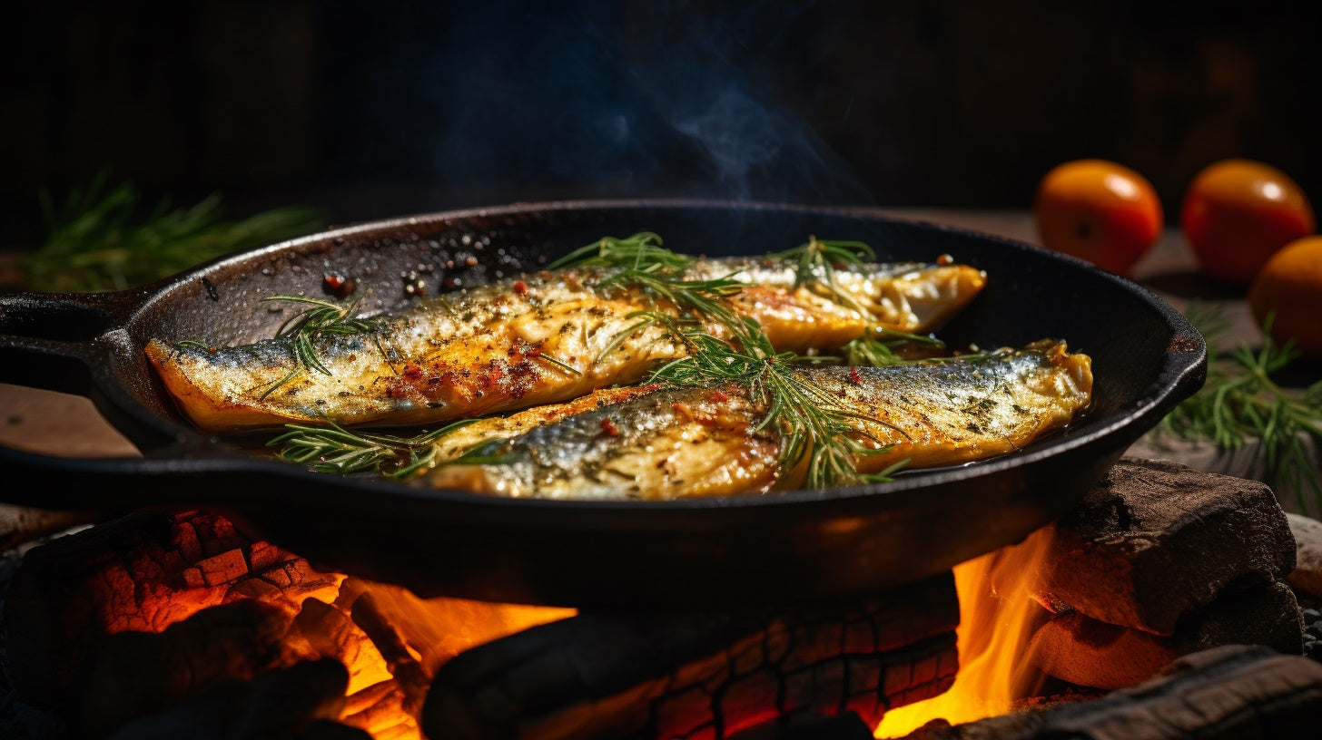 Shallow-fried fish sizzling in Croatian olive oil in a frying pan.