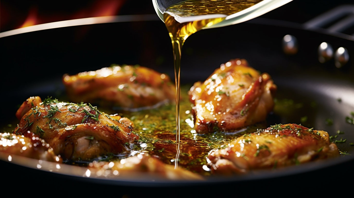 Cast iron pan sizzling with shallow-fried chicken, cooked to perfection in Croatian olive oil.