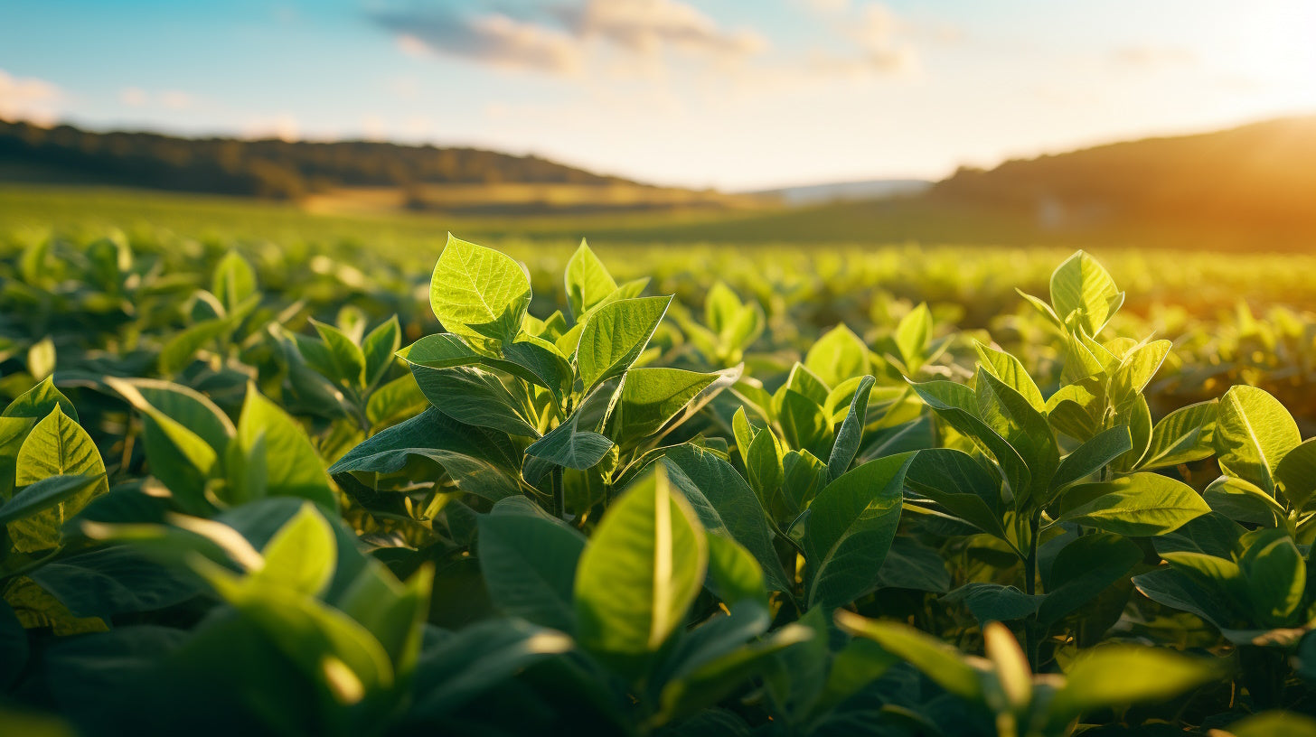 Soybean Farm: A vast field of flourishing soybeans, representing the agricultural cultivation of this versatile crop and its importance in various industries.