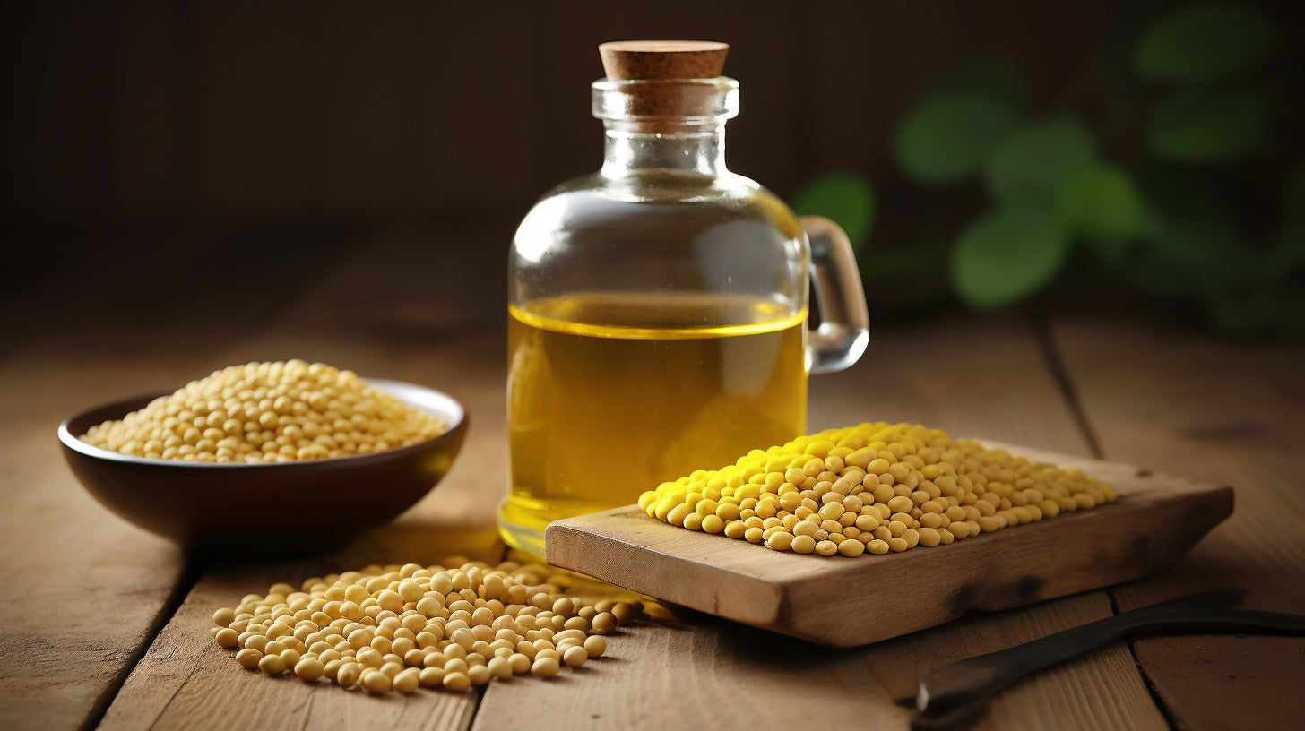 Soybean Oil and Soybeans: A depiction of soybean oil and whole soybeans arranged on a table, showcasing the versatility and use of this ingredient in various culinary applications.