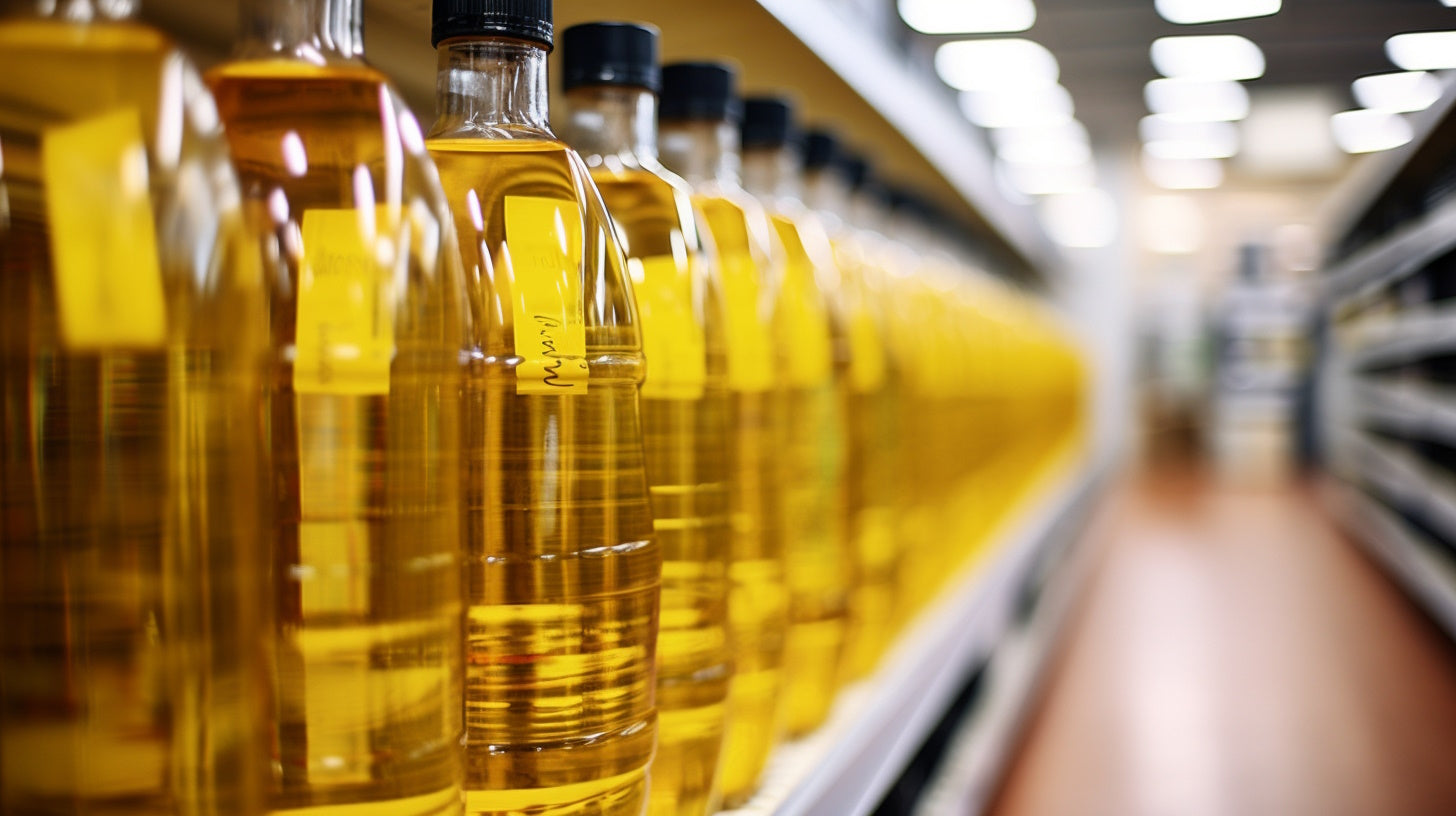 Processed Soybean Oil on Grocery Store Shelf: An image capturing a bottle of processed soybean oil displayed on a store shelf, highlighting its widespread availability. Considerations arise regarding its potential impact on the delicate balance of the gut microbiome, an essential aspect of overall health.