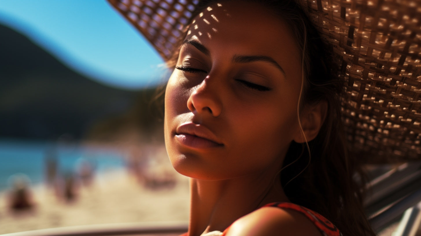 Tanning with Croatian Olive Oil: A woman basking on the beach, enjoying the benefits of using Croatian olive oil for a natural, sun-kissed glow and nourished skin.