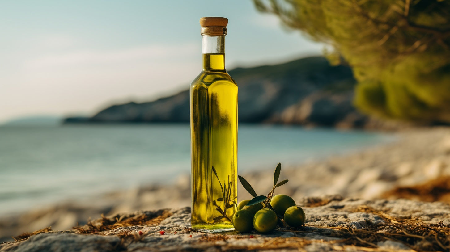 Beach Tanning with Croatian Olive Oil: A bottle of Croatian olive oil placed on the sandy beach, ready to enhance your tanning experience with its natural nourishment and sun-kissed benefits.