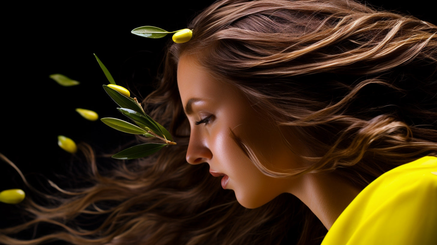 Portrait of a woman tossing her lustrous, healthy hair, symbolizing the transformative effect of olive oil treatments on hair health.