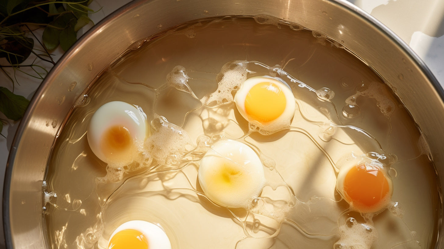 Eggs gently poaching in a pot of simmering water with a swirl of Croatian olive oil on top.