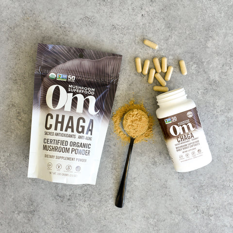 Om Mushroom chaga organic mushroom powder blend and capsules