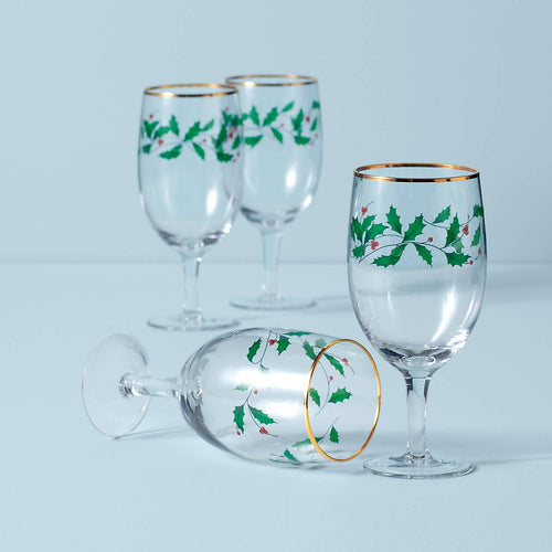 4 Lenox Holiday Ribbon wine glasses blown glass Orange &green twisted lines