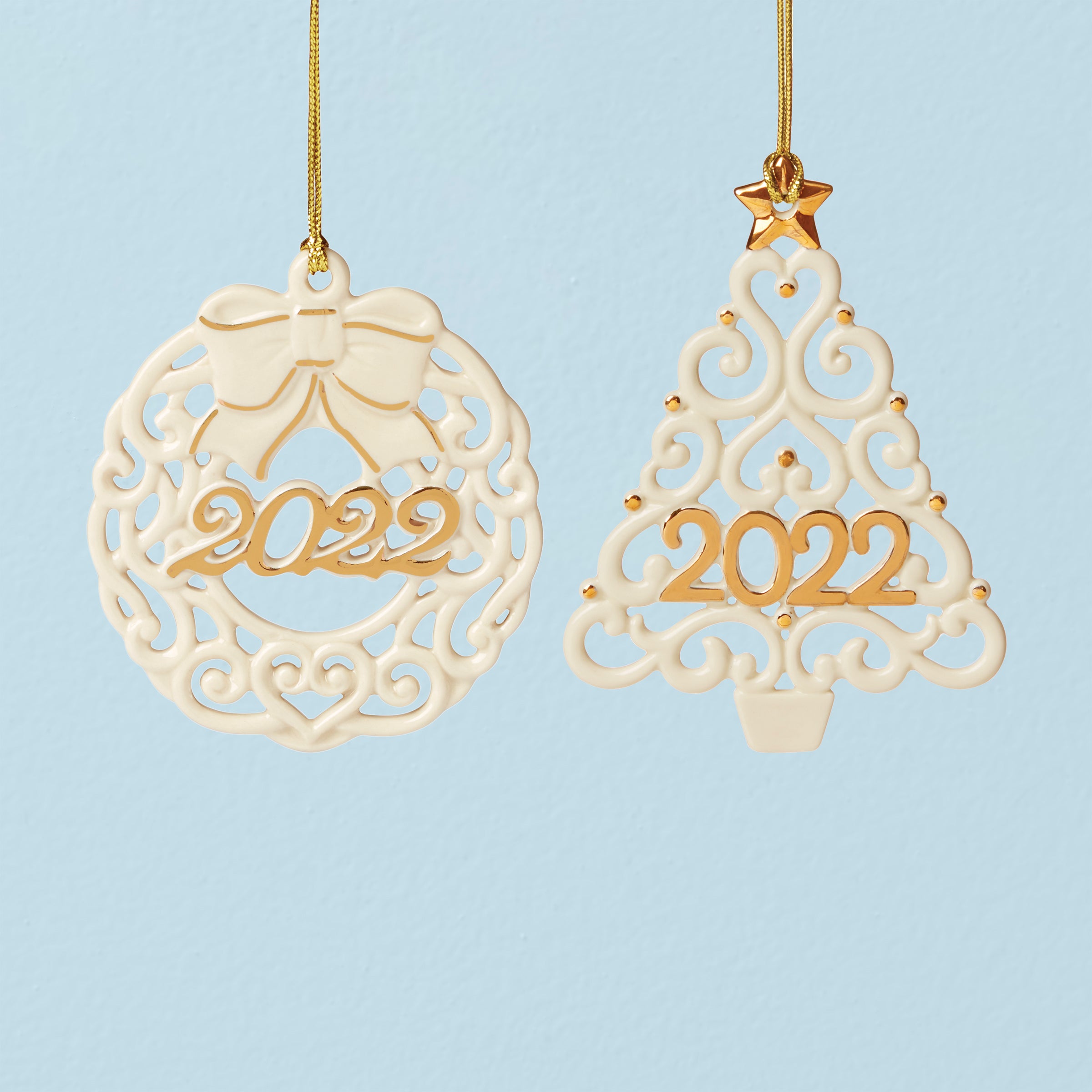 Image of 2022 Pierced<br> Wreath & Tree Ornaments, S/2