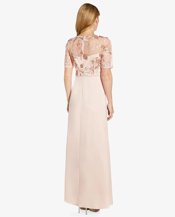 Adrianna Papell AP1E209318 Embroidered Crepe Satin Blush