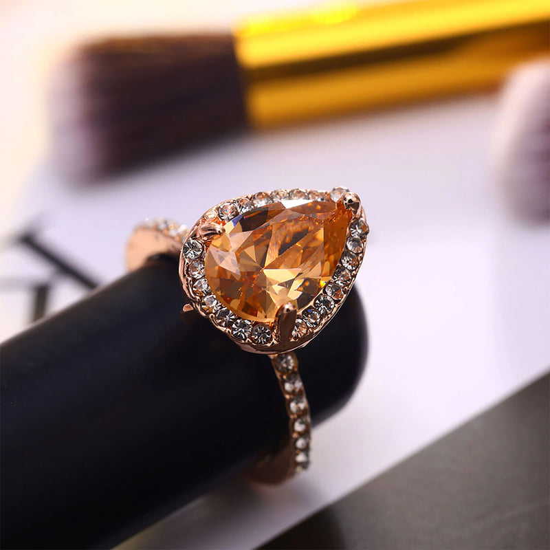 Serena Champagne Crystal Pear Shaped Halo Rose Gold Fashion Ring – Jewolite