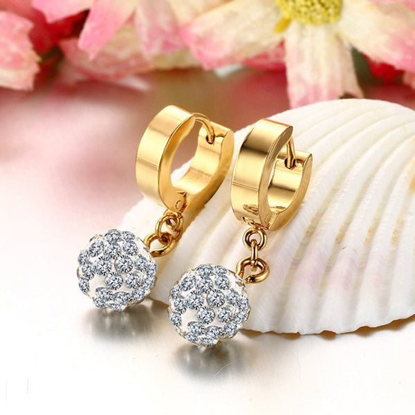 Brenna Crystal Ferido Shamballa Bead Ball Gold Huggie Hoop Drop Earrin ...