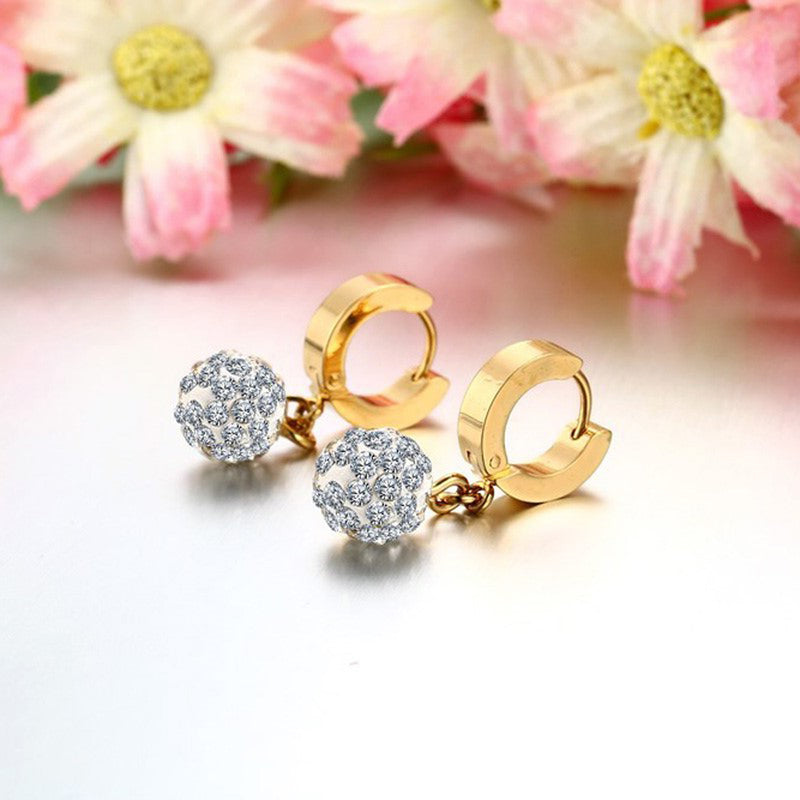 Brenna Crystal Ferido Shamballa Bead Ball Gold Huggie Hoop Drop Earrin ...