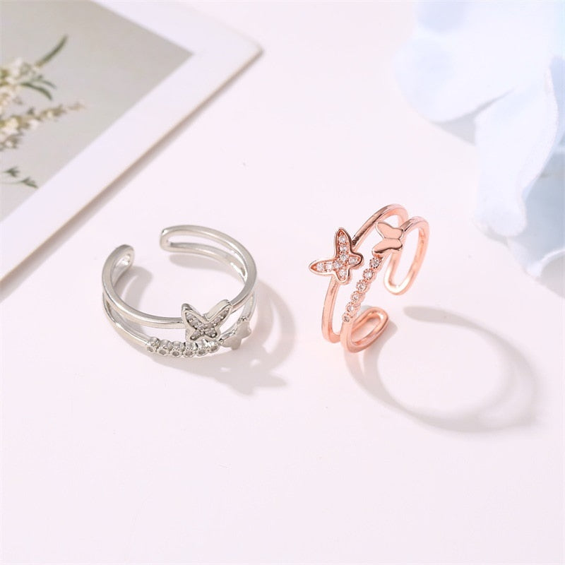 Flutters Cute Double Crystal Butterfly Adjustable Band Ring – Jewolite