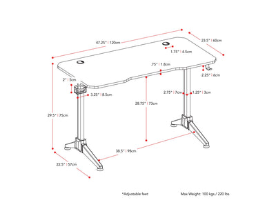 Red and Black Gaming Desk with LED Lights Conqueror Collection measurements diagram by CorLiving#color_red-and-black