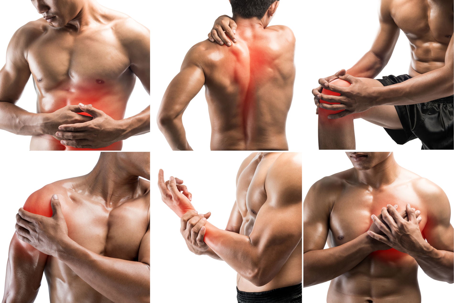 Collage showing muscle pain at several part of body