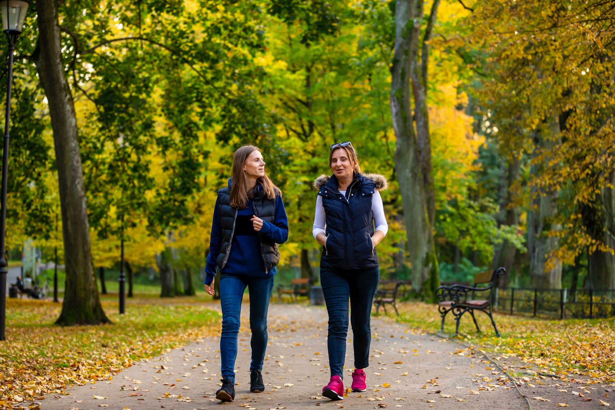 Two friends walking in a city park on a brisk fall day