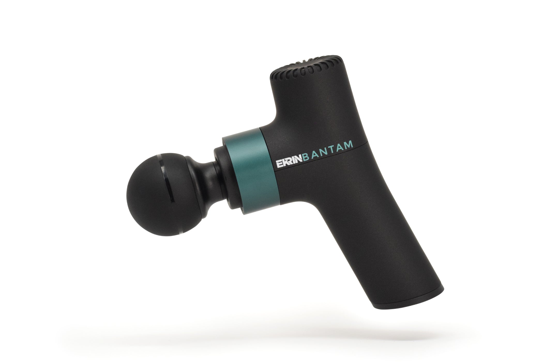 Ekrin athletics mini bantam massage gun in black and green colors behind a white background