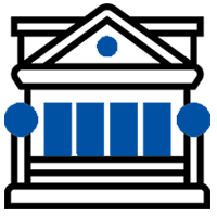 Icono estilizado de un edificio bancario o financiero con un diseño arquitectónico clásico, rodeado de árboles estilizados, representando una institución bancaria o financiera.”