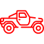  ilustración minimalista en rojo de una camioneta con ruedas grandes, similar a un vehículo todoterreno, sobre un fondo blanco