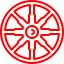 Icono de Rin de Auto: La imagen muestra un ícono rojo lineal y estilizado que representa un rin de auto, mostrado de frente.