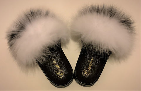 Black and White Fox Fur Slides Black Fluffy Slides Rubber 