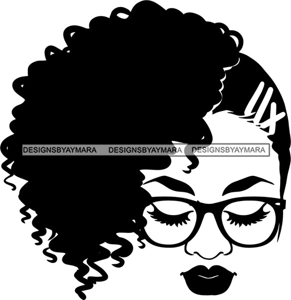 Afro Woman Messy Hair Bun Afro Puff Wearing Glasses Black Girl Magic M