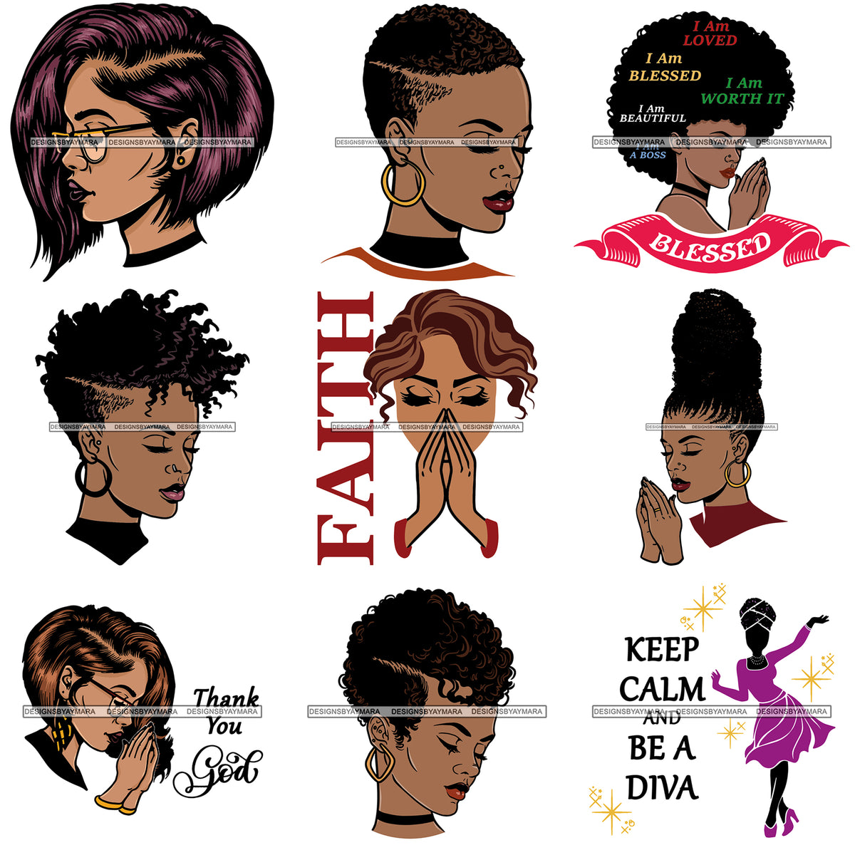 Download Bundle 9 Afro Woman Diva Glamour Goddess Dark Skin Color SVG Cutting F - DesignsByAymara