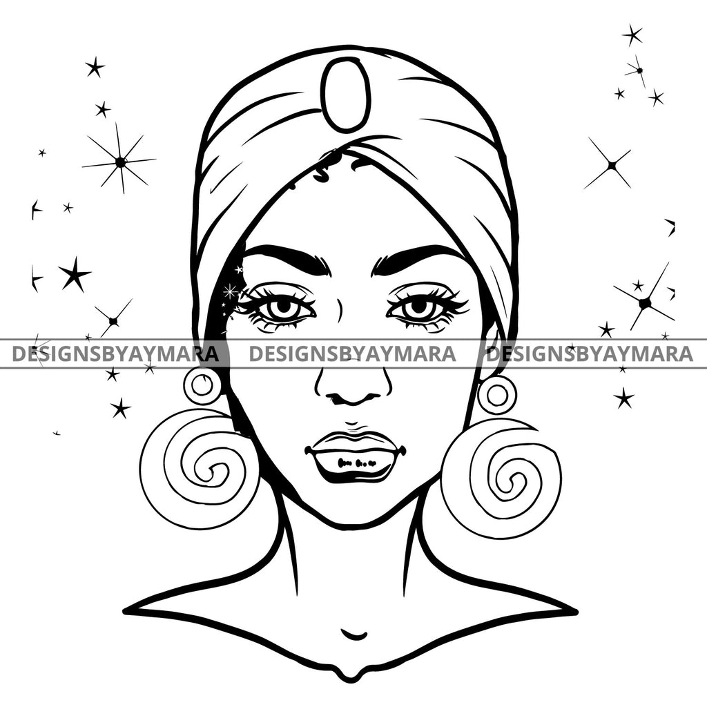 Download Black Woman Full Face Turban Headwrap Big Hoop Earrings B W Svg Jpg Pn Designsbyaymara