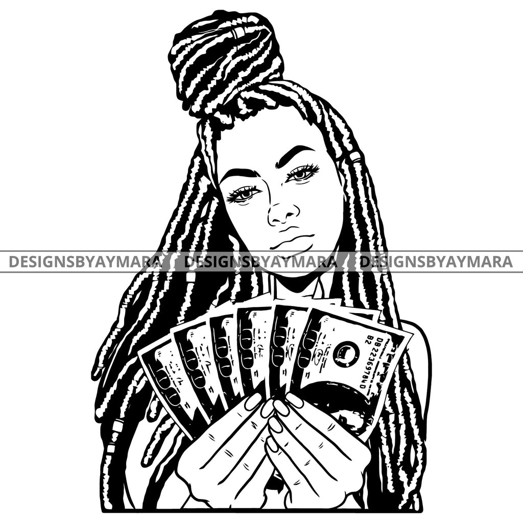 Download Afro Black Woman Long Dreadlocks Cash Dollar Bills Holding Money B W S Designsbyaymara