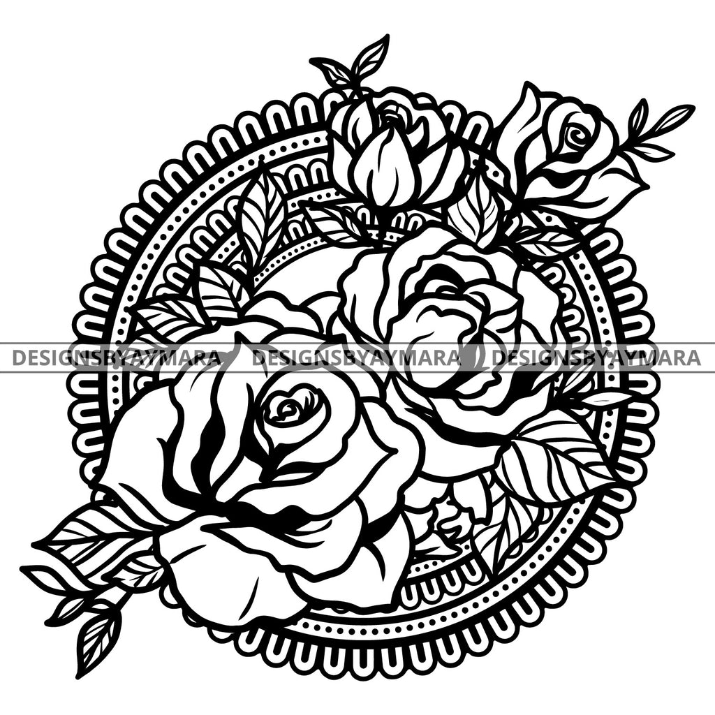 Download Beautiful Lovely Mandala Petal Roses B W Svg Jpg Png Vector Clipart Cr Designsbyaymara